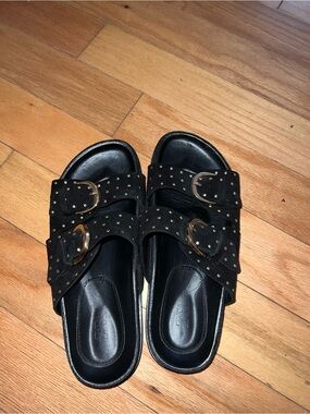 Zara Black Studded Double-Buckle Slide Sandals with Gold Hardware